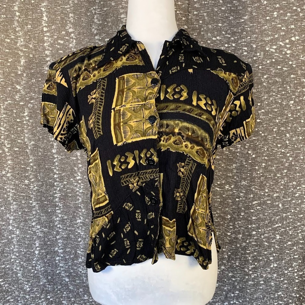 Vintage California Krush Abstract Black/Gold Button Up Shirt Retro‎ Women's M